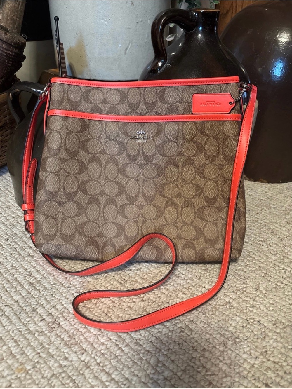 Coach Brown Signature Crossbody with Coral Trim